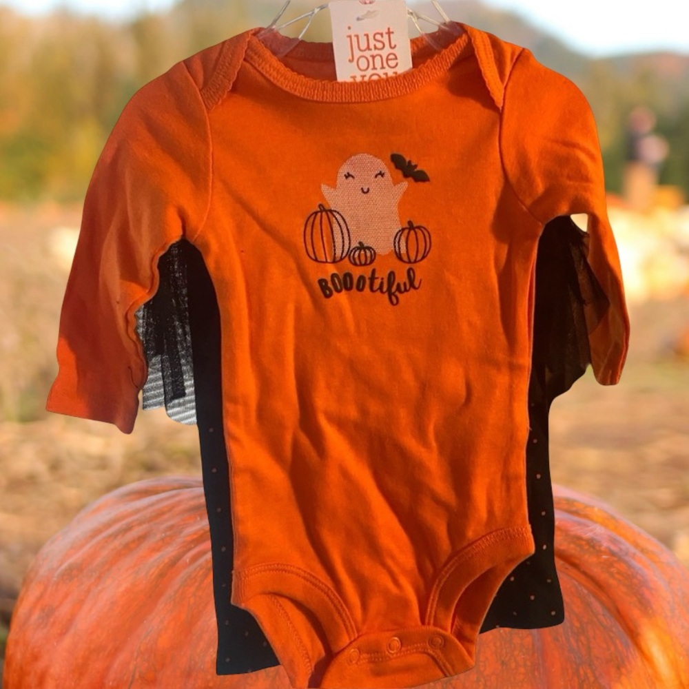 Just One You Orange Halloween Baby Onesie with tutu leggings